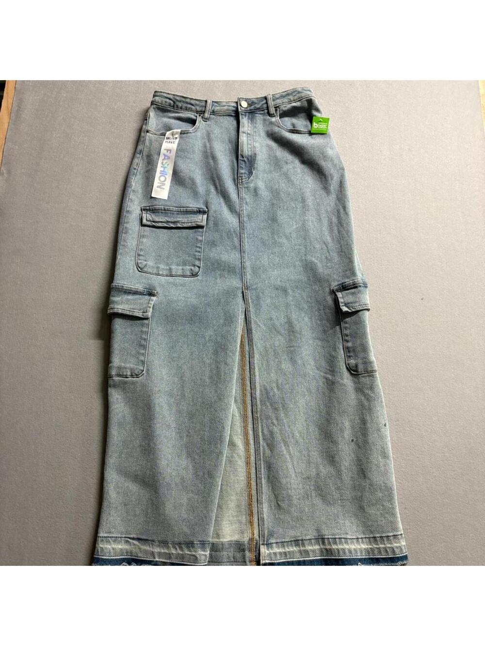 Tinseltown Denim Cargo Maxi Skirt Womens Size 11/30 Blue High Rise Raw Hem New